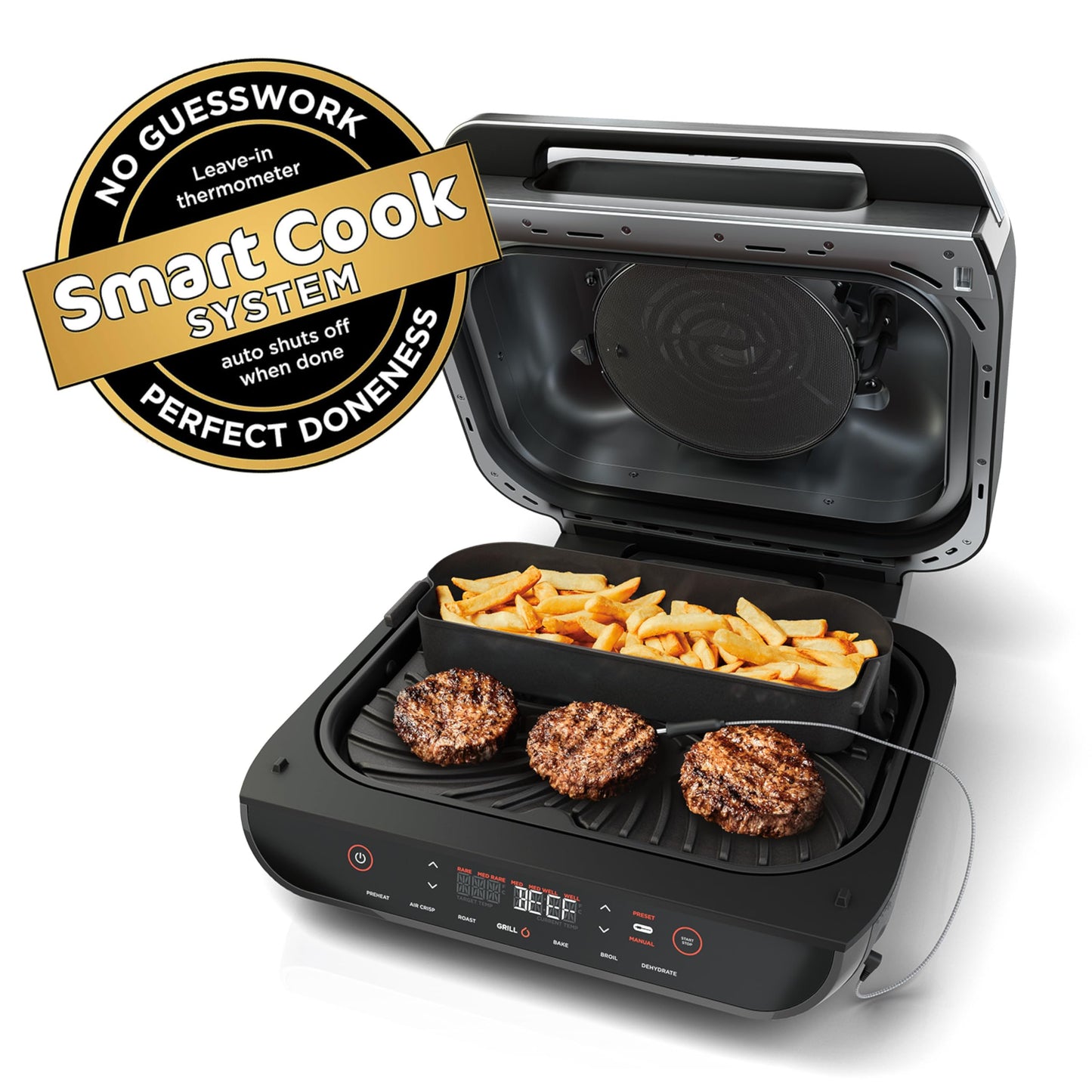 Ninja Indoor Grill, Foodi Smart XL 6-in-1 Indoor Grill with Air Fry, Roast, Bake, Broil & Dehydrate, Smart Thermometer, Black/Silver, FG551