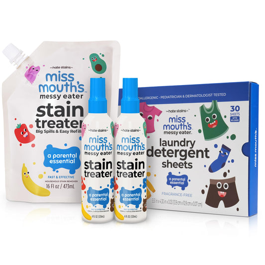 Miss Mouth's Messy Eater Stain Treater Spray - 4oz 2 Pack Stain Remover and 16oz Refill and Laundry Detergent Sheets