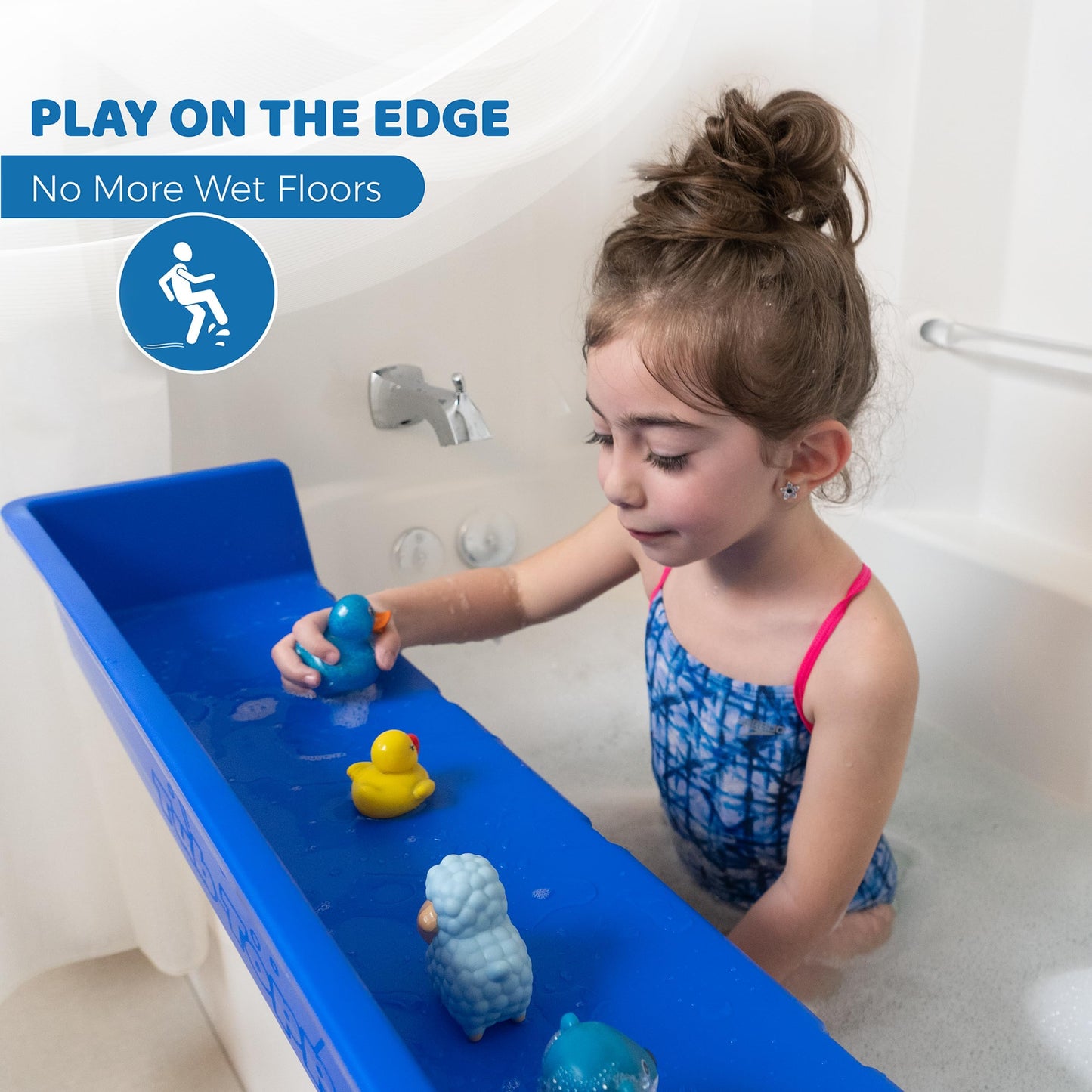 Tub Topper® Bathtub Splash Guard Play Shelf Area -Toy Tray Caddy Holder Storage - Suction Cups Attach to Bath Tub - No Mess Water Spill in Bathroom - Fun for Toddlers Kids Baby (Blue)