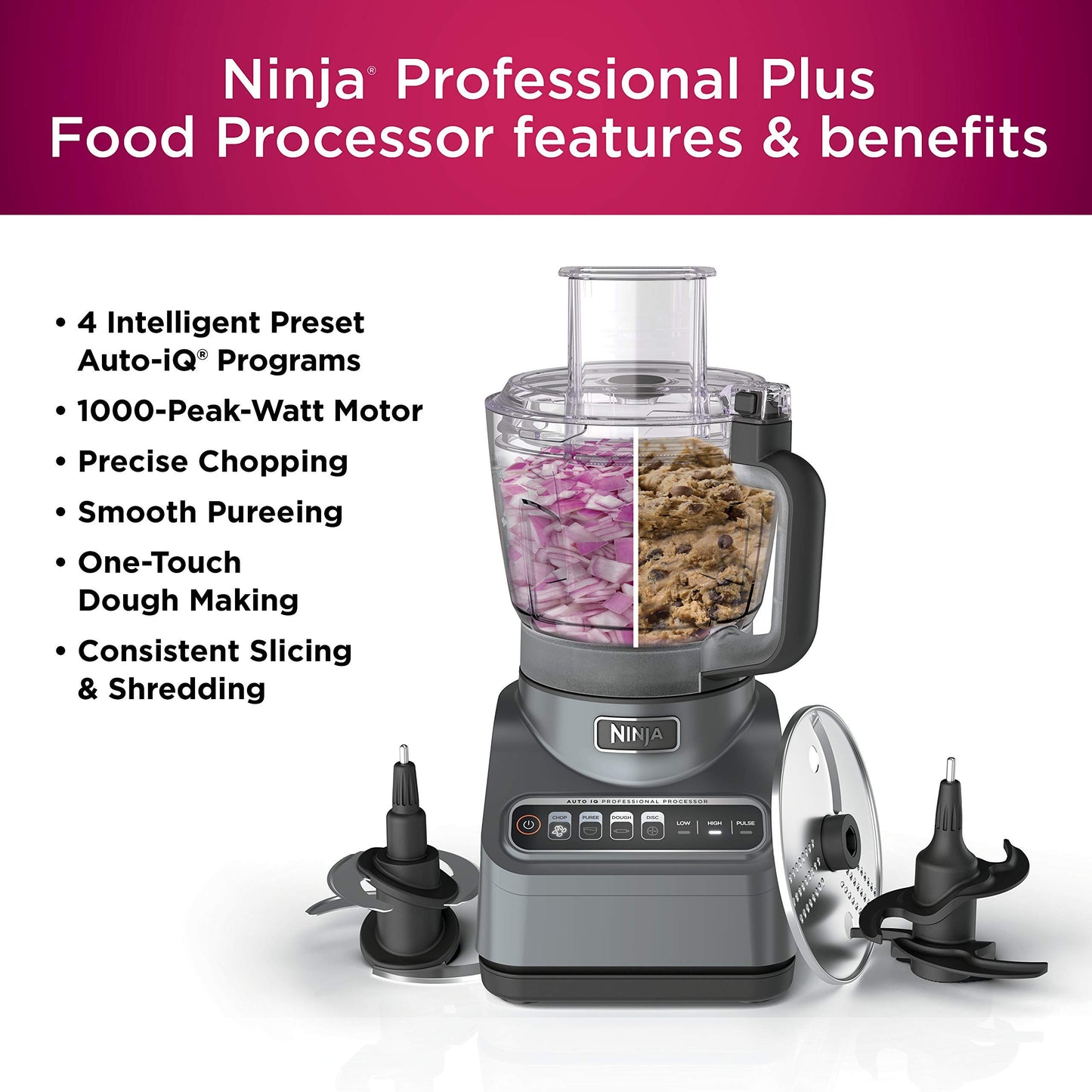 Ninja BN601 Professional Plus Food Processor 1000-Peak-Watts with Auto-iQ Preset Programs Chop Puree Dough Slice Shred with a 9-Cup Capacity and a Silver Stainless Finish (Renewed)