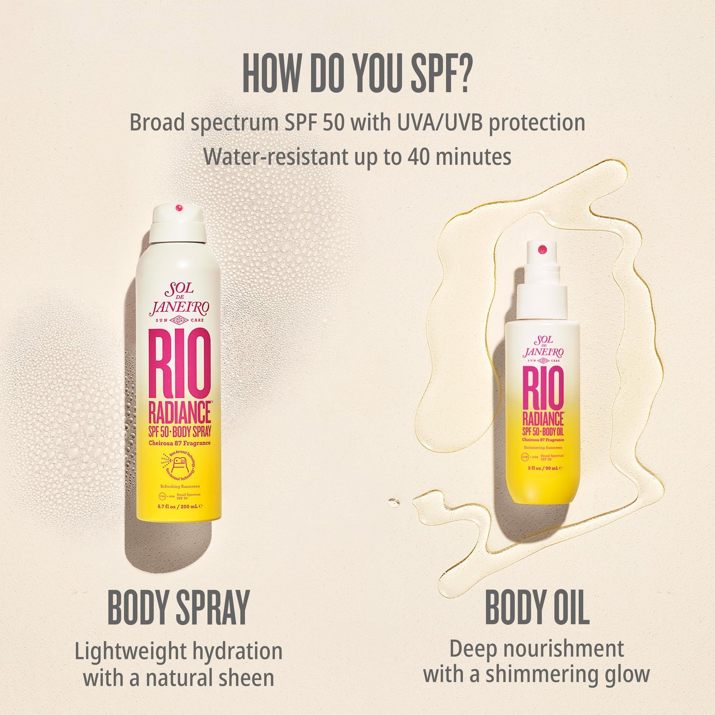 Sol de Janeiro Rio Radiance SPF 50 Body Spray and Shimmering Body Oil Duo | Sheer Coverage | UV Protection | Amazon Exclusive