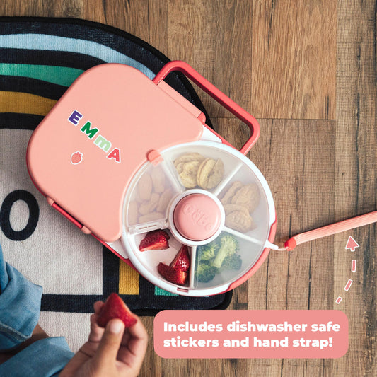 GoBe Kids Lunchbox with Detachable Snack Spinner, Bundle with Hand Strap & Sticker Sheet, Reusable Bento Style Lunch Container, 5 Small +1 Large Sandwich Compartment, BPA & PVC Free, coral pink