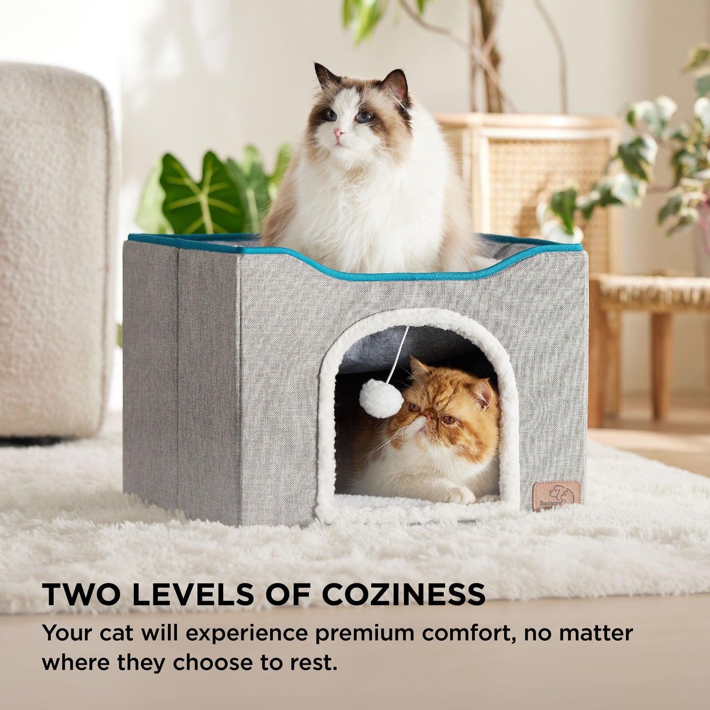 Bedsure Cat Beds for Indoor Cats - Large Cat Cave for Pet Cat House with Fluffy Ball Hanging and Scratch Pad, Foldable Cat Hideaway, 16.5x16.5x13 inches, Grey