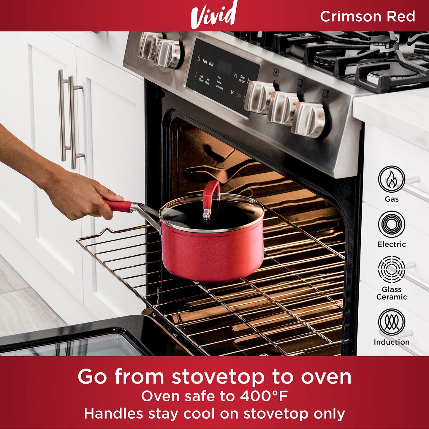 Ninja C20225 Foodi NeverStick Vivid 2.5-Quart Saucepan with Glass Lid, Nonstick, Durable & Oven Safe To 400°F, Cool-Touch Handles, Crimson Red