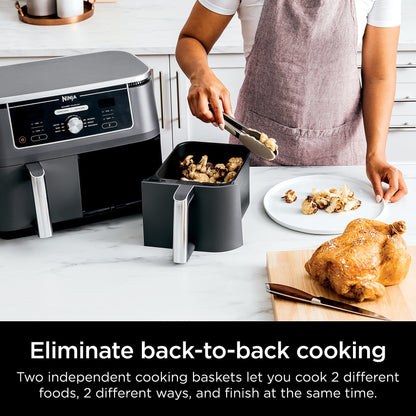 Ninja DZ401 Foodi 10 Quart 6-in-1 DualZone XL 2-Basket Air Fryer with 2 Independent Frying Baskets, Match Cook & Smart Finish to Roast, Broil, Dehydrate & More for Quick, Grey (Renewed)