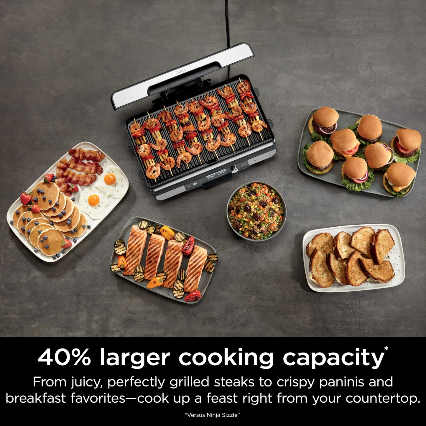 Ninja Sizzle Pro XL 20-Inch Indoor Griddle + Grill, Detachable Ventilated Lid, Grease Control, Ceramic Nonstick Plates, Even Edge-to-Edge Cooking, Extra Large Capacity, Versatile, Silver, GX101