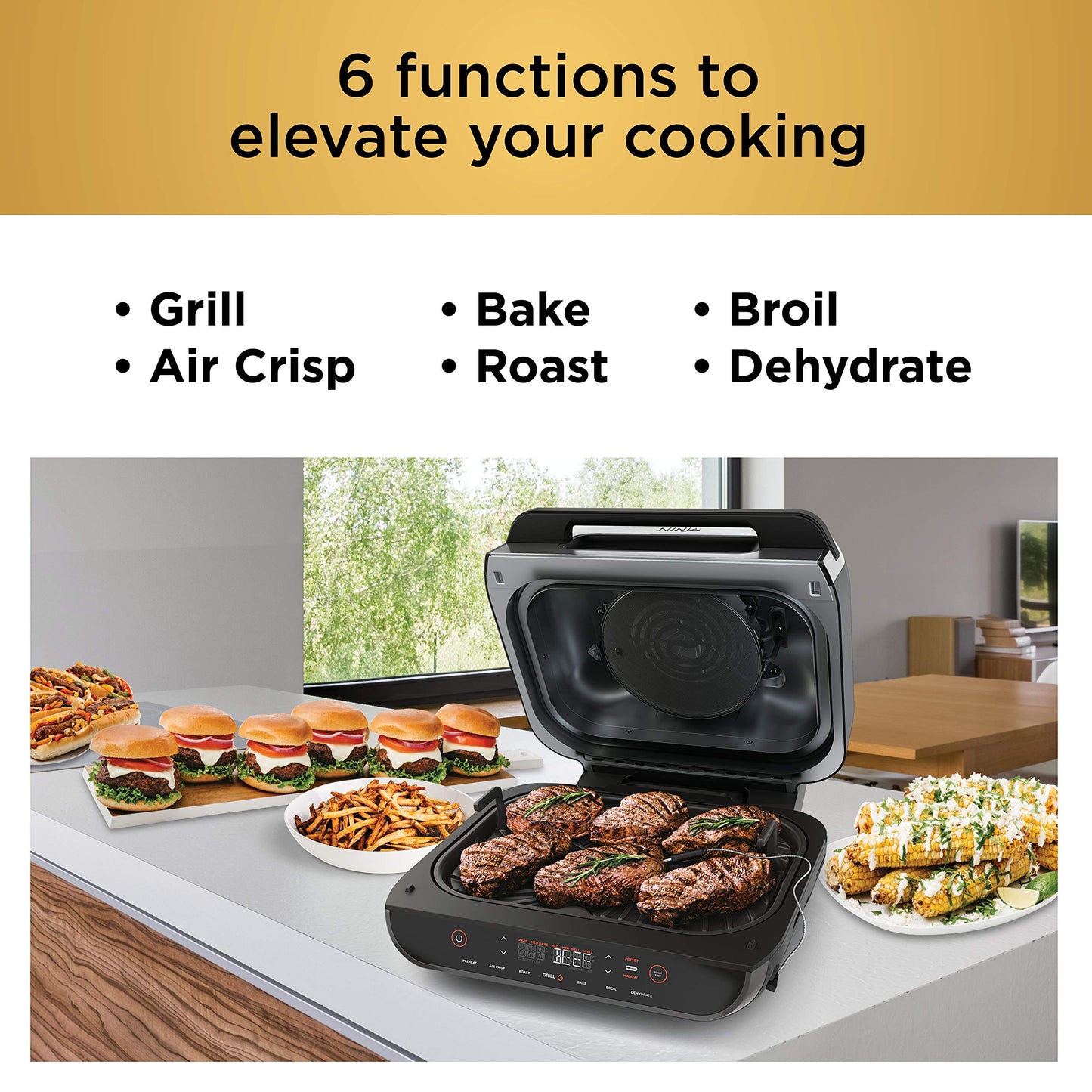 Ninja Indoor Grill, Foodi Smart XL 6-in-1 Indoor Grill with Air Fry, Roast, Bake, Broil & Dehydrate, Smart Thermometer, Black/Silver, FG551