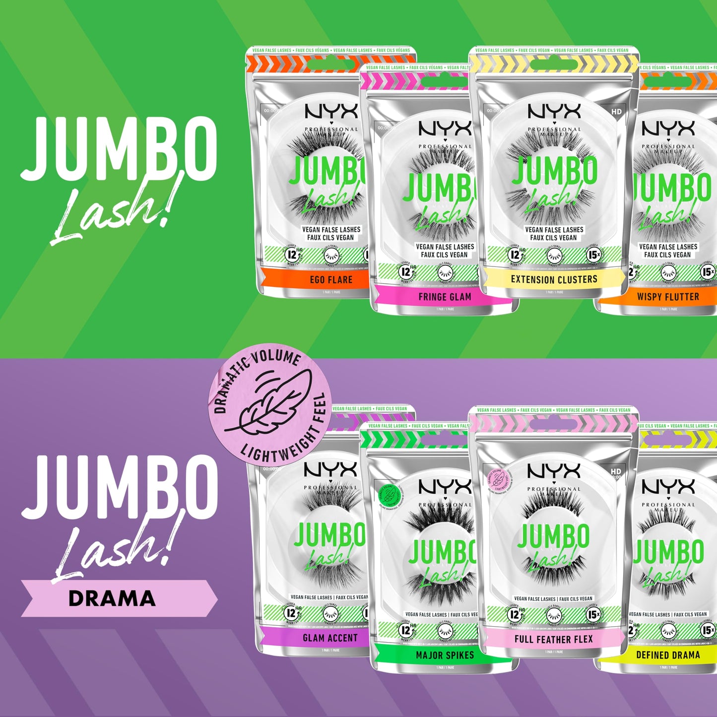 NYX PROFESSIONAL MAKEUP Jumbo Lash! Vegan False Eyelashes, Up to 12HR Wear, Reusable Fake Lashes - Glam Accent