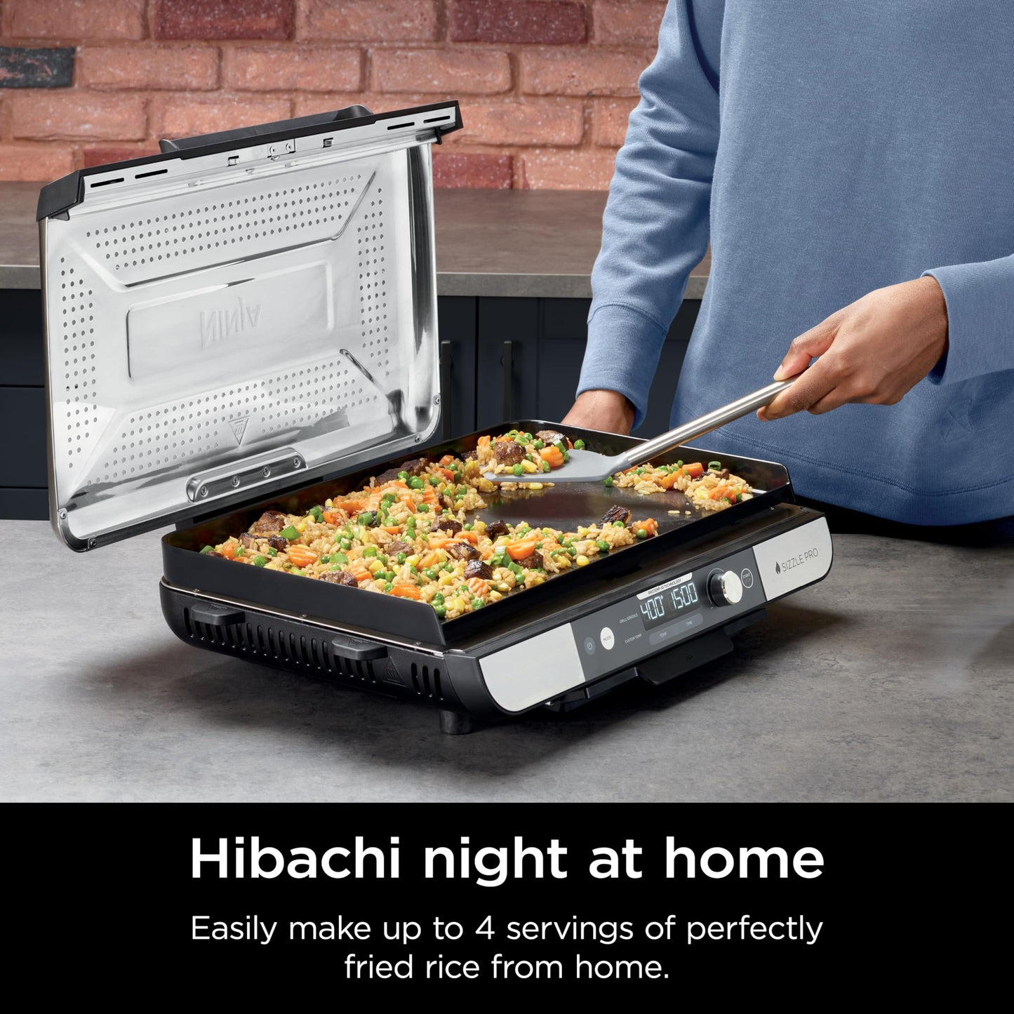Ninja Sizzle Pro XL 20-Inch Indoor Griddle + Grill, Detachable Ventilated Lid, Grease Control, Ceramic Nonstick Plates, Even Edge-to-Edge Cooking, Extra Large Capacity, Versatile, Silver, GX101