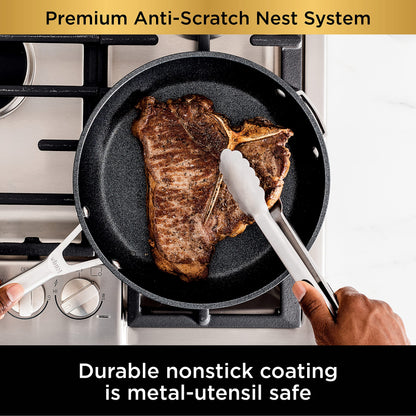 Ninja C53300 Foodi NeverStick Premium 3-Piece Cookware Set with Glass Lid, Anti-Scratch Nest System, Hard-Anodized, Nonstick, Durable & Oven Safe to 500°F, Slate Grey